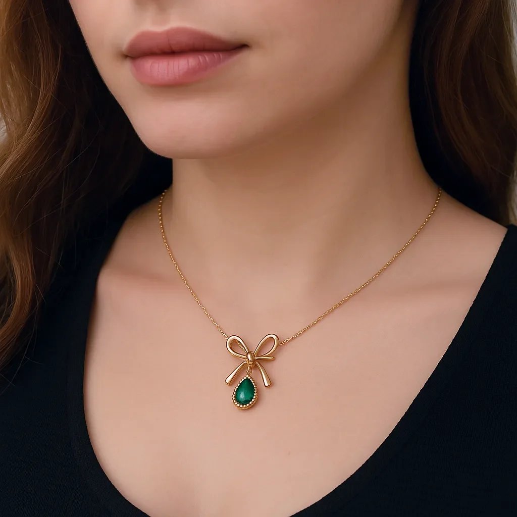 Ribbon Green Stone Anti-Tarnish Necklace, No Fade & Waterproof