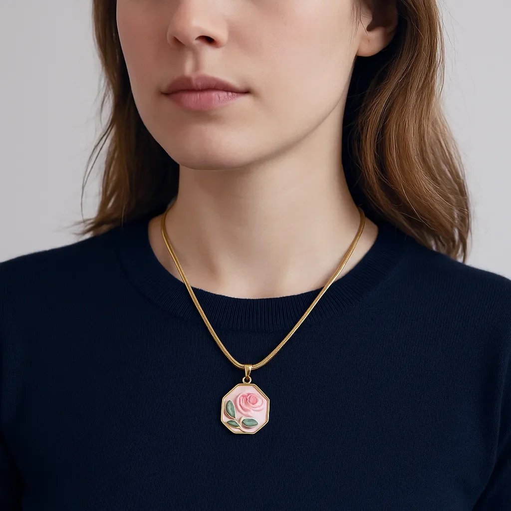 Premium Pink Rose Anti-Tarnish Necklace, No Fade & Waterproof
