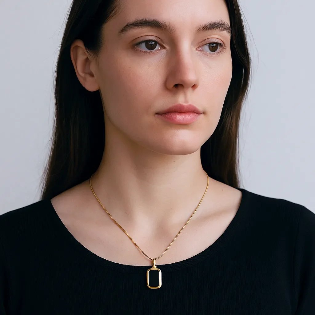 Squre Black Stone Anti-Tarnish Necklace, No Fade & Waterproof
